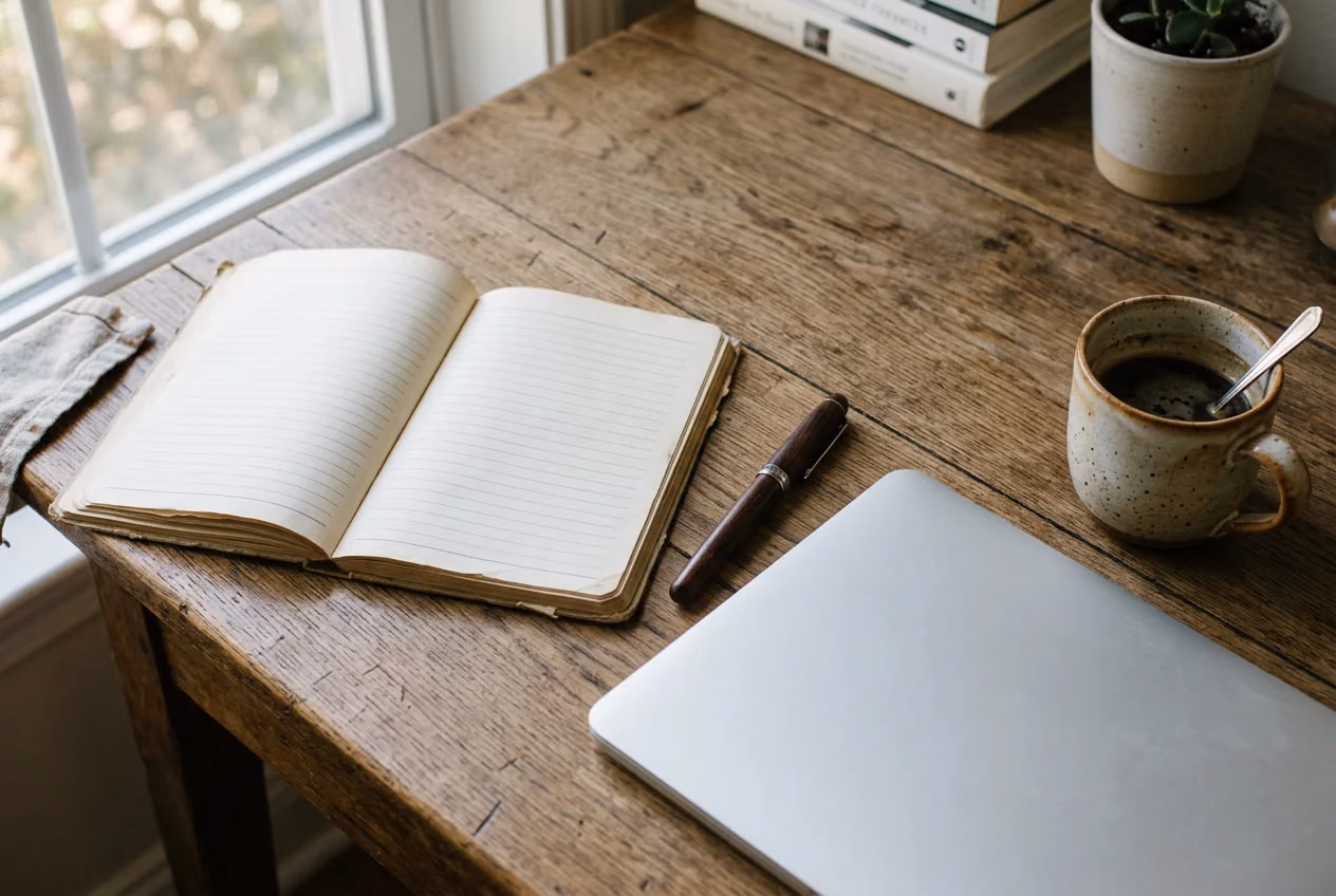 An open paper appointment book, a pen and a closed laptop on a wooden desk