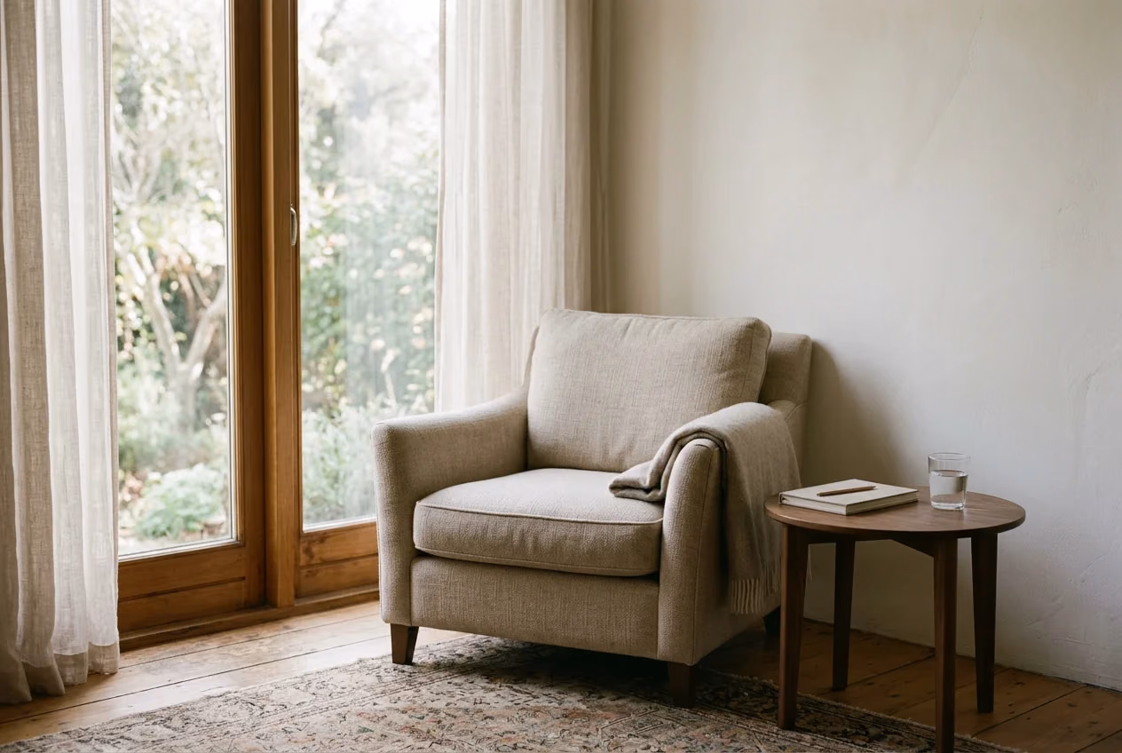 An empty armchair beside a tall window with linen curtains in morning light