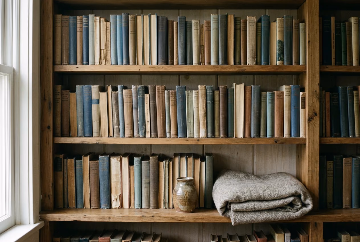 A wooden bookshelf of well-used hardcover books with a folded wool blanket