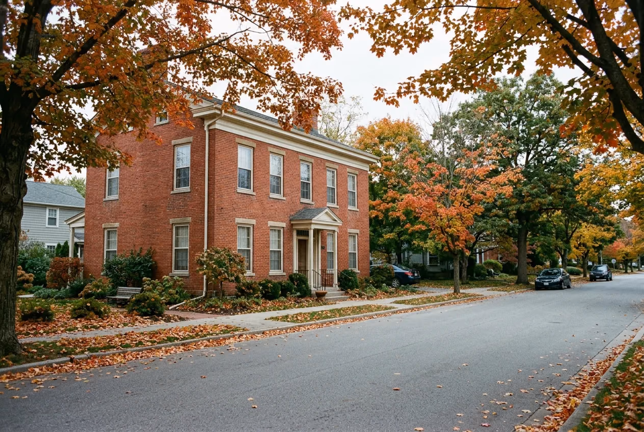 A two-story brick professional building on a tree-lined street in autumn