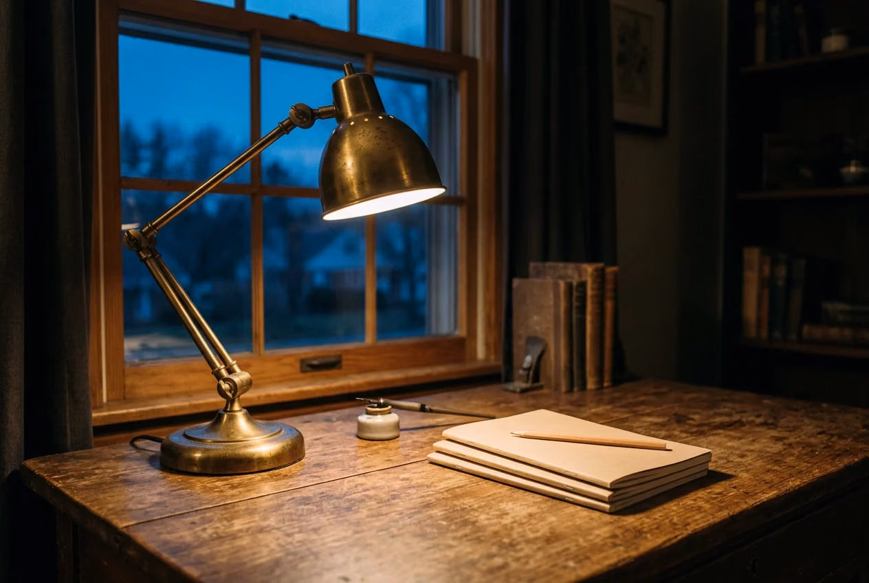 A brass desk lamp lit on a wooden desk at dusk beside a stack of notebooks
