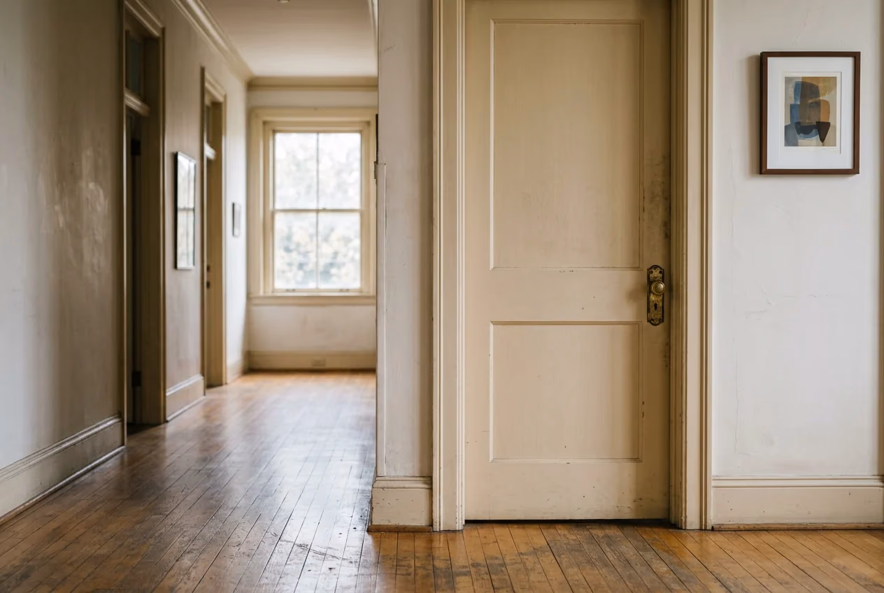 A closed wooden office door in a quiet hallway with oak floorboards