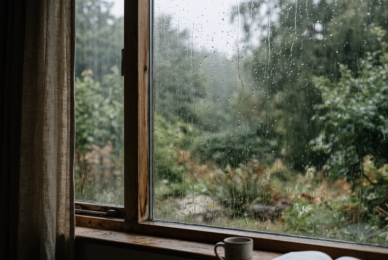 Rain on a window pane with green trees blurred outside