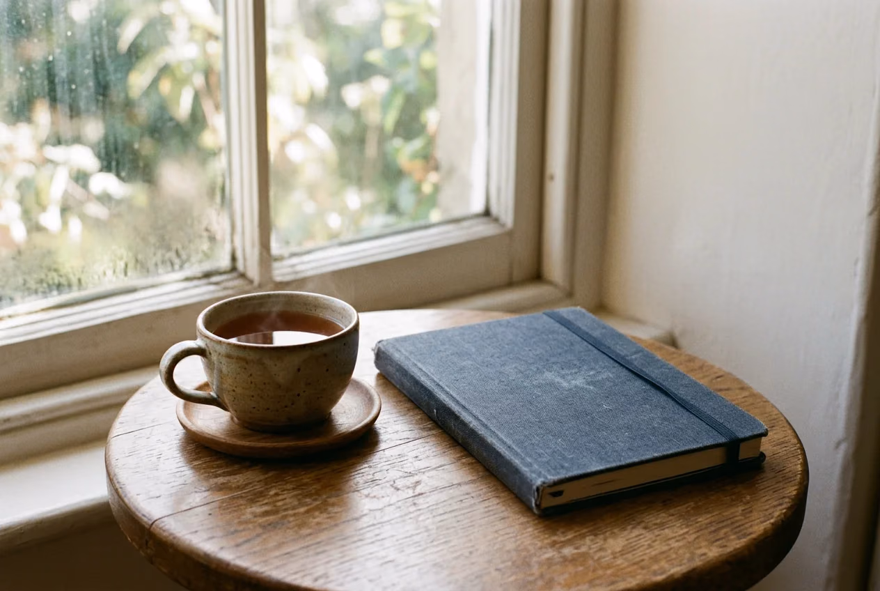 A cup of tea and a closed cloth notebook on a small round table by a window