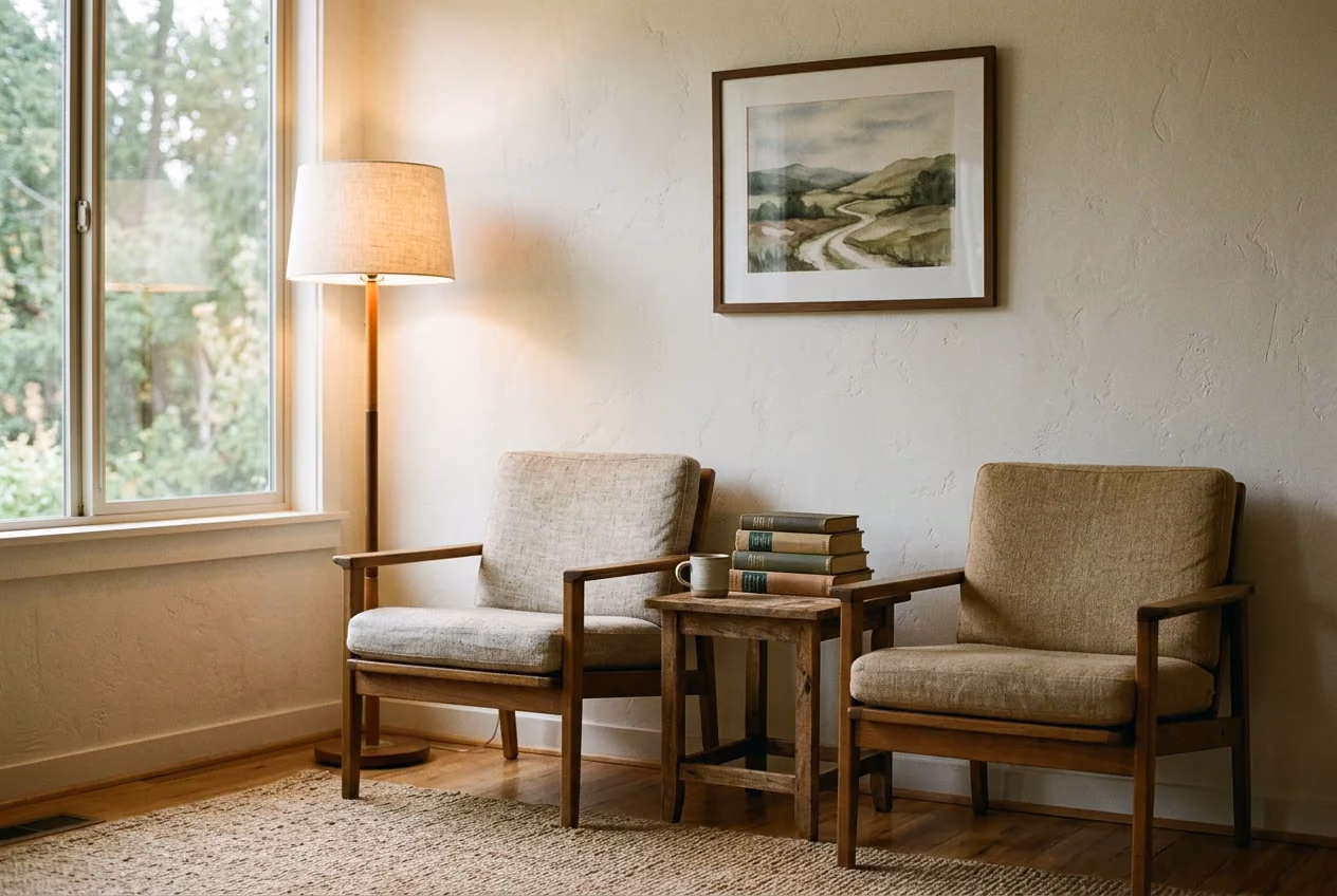 Two wooden chairs, a floor lamp and a framed landscape print in a calm waiting area