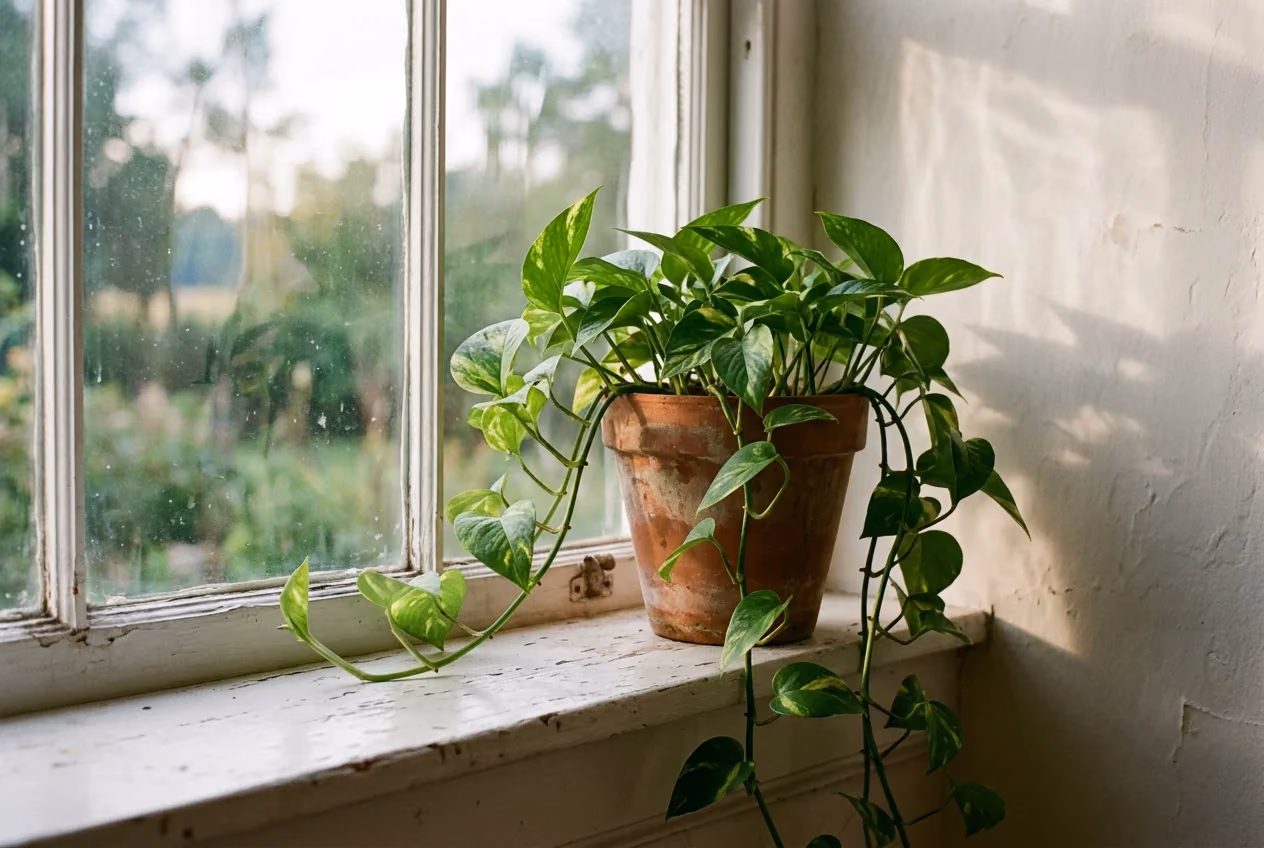 A trailing plant in a terracotta pot on a white windowsill